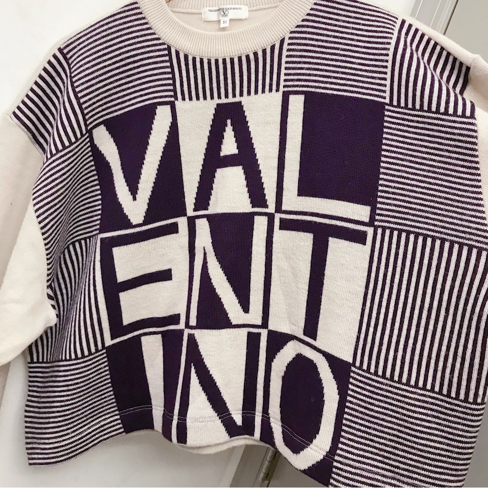 Valentino Garavani Sport Cream Purple Wool Logo Crop Sweater Medium M - Picture 3 of 6